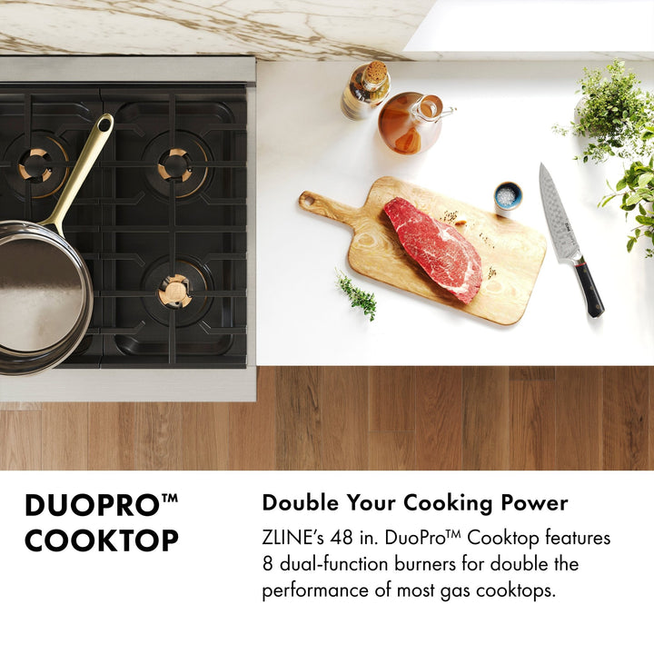 ZLINE Autograph Edition 48 in. 6.7 cu. ft. Paramount Dual Fuel Range with 8 Burner DuoProâ„¢ Cooktop and Dual Ovens in Stainless Steel with Polished Gold Helix Handles and Accents (PSDRZ-48-KG)