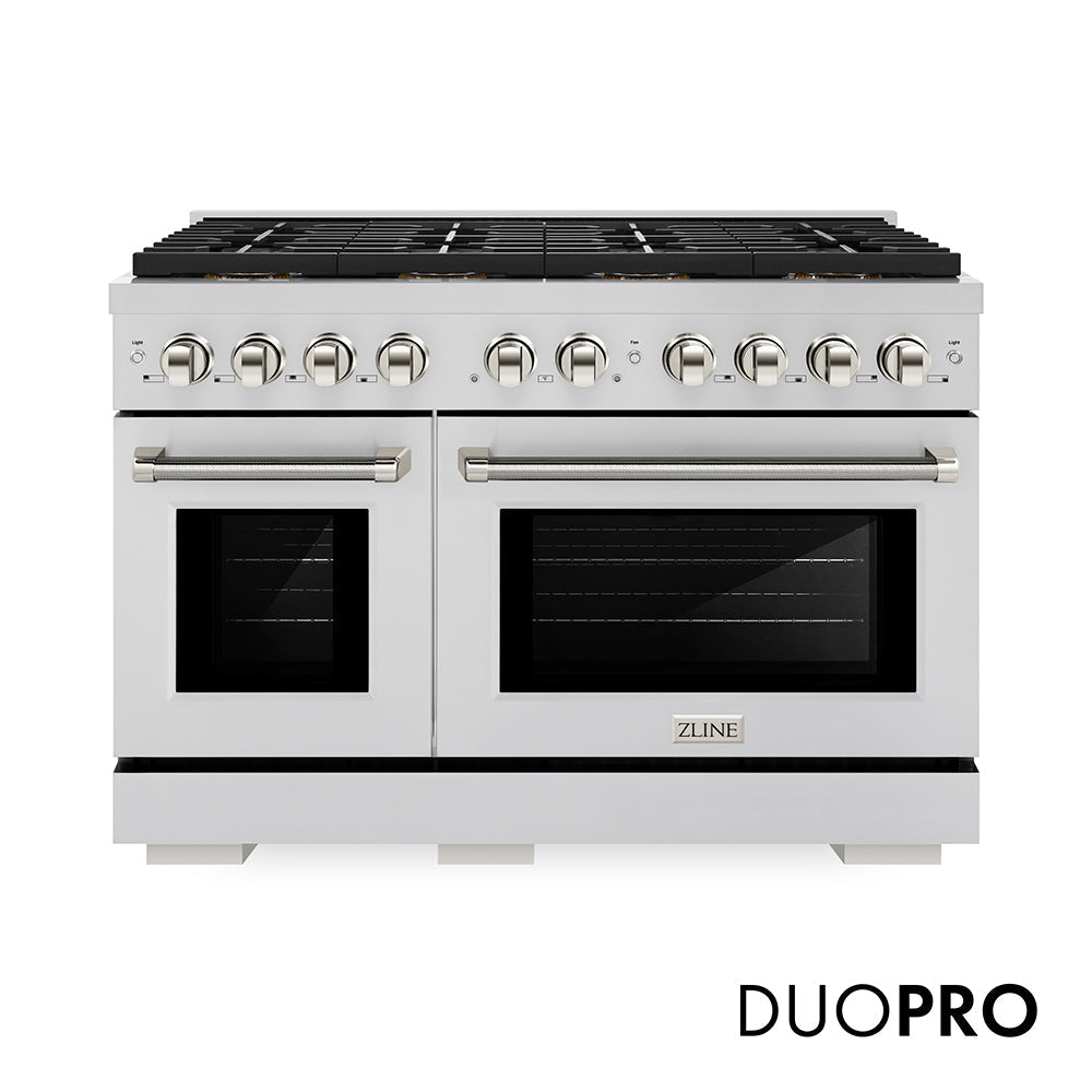 ZLINE Autograph Edition 48 in. 6.7 cu. ft. Paramount Dual Fuel Range with 8 Burner DuoProâ„¢ Cooktop and Dual Ovens in Stainless Steel with Polished Nickel Helix Handles and Accents (PSDRZ-48-KPN)