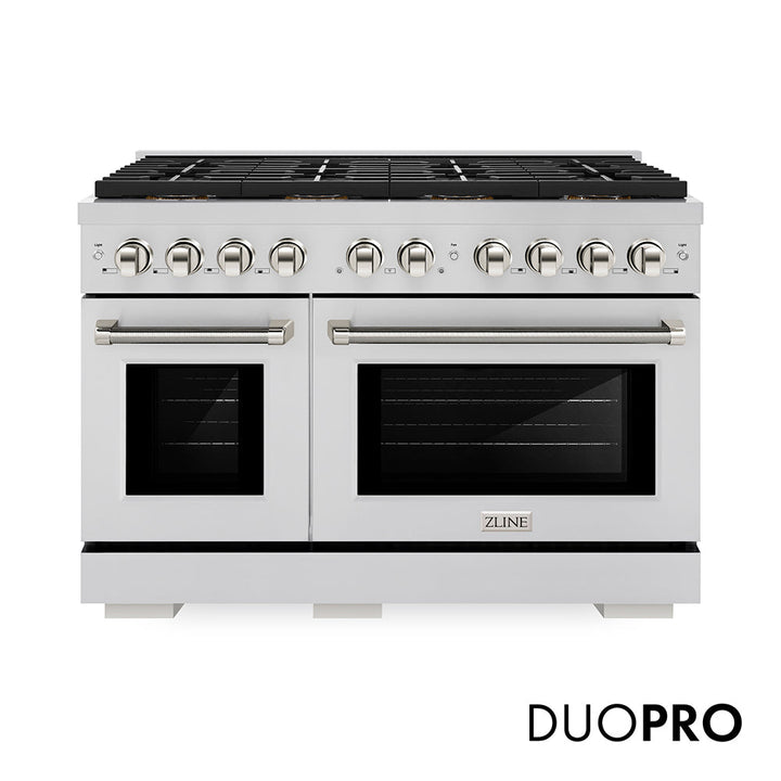 ZLINE Autograph Edition 48 in. 6.7 cu. ft. Paramount Dual Fuel Range with 8 Burner DuoProâ„¢ Cooktop and Dual Ovens in Stainless Steel with Polished Nickel Helix Handles and Accents (PSDRZ-48-KPN)