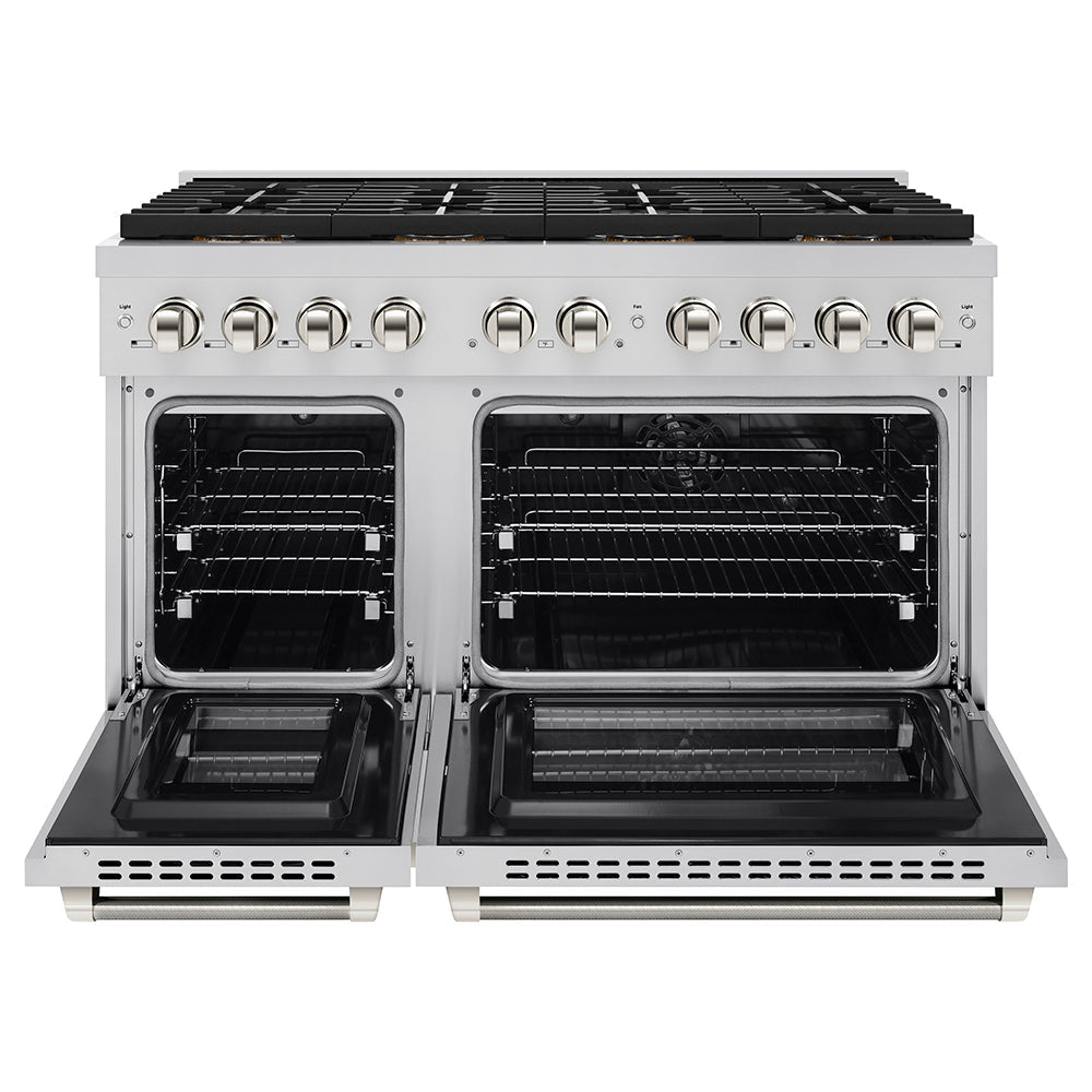 ZLINE Autograph Edition 48 in. 6.7 cu. ft. Paramount Dual Fuel Range with 8 Burner DuoProâ„¢ Cooktop and Dual Ovens in Stainless Steel with Polished Nickel Helix Handles and Accents (PSDRZ-48-KPN)