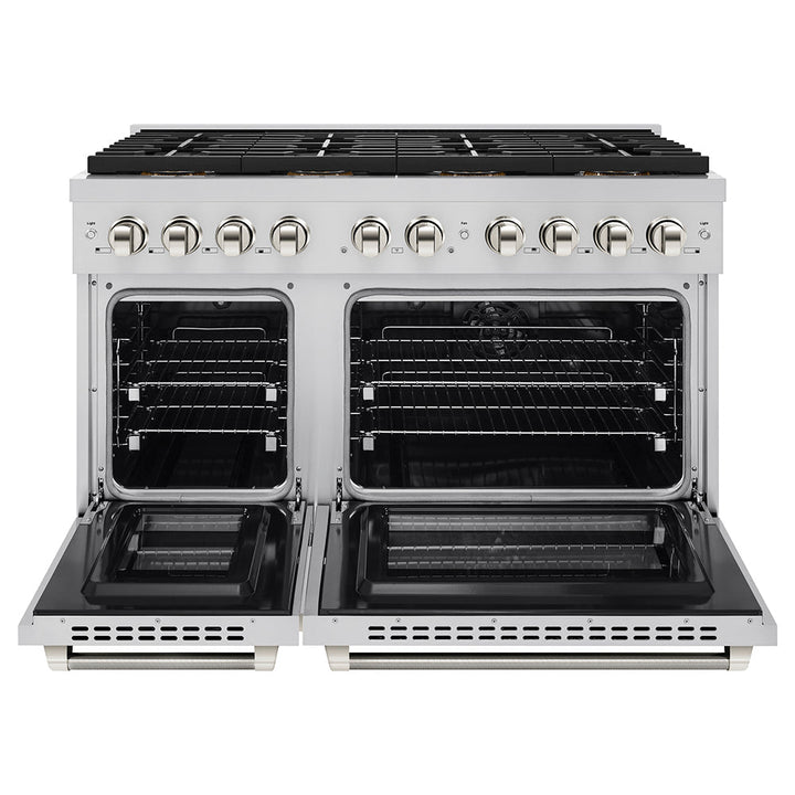 ZLINE Autograph Edition 48 in. 6.7 cu. ft. Paramount Dual Fuel Range with 8 Burner DuoProâ„¢ Cooktop and Dual Ovens in Stainless Steel with Polished Nickel Helix Handles and Accents (PSDRZ-48-KPN)