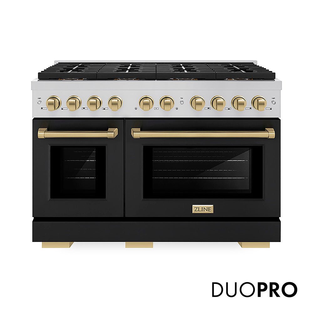 ZLINE Autograph Edition 48 in. 6.7 cu. ft. Paramount Dual Fuel Range with 8 Burner DuoProâ„¢ Cooktop and Dual Ovens with Black Matte Doors and Champagne Bronze Accents (PSDRZ-BLM-48-CB)