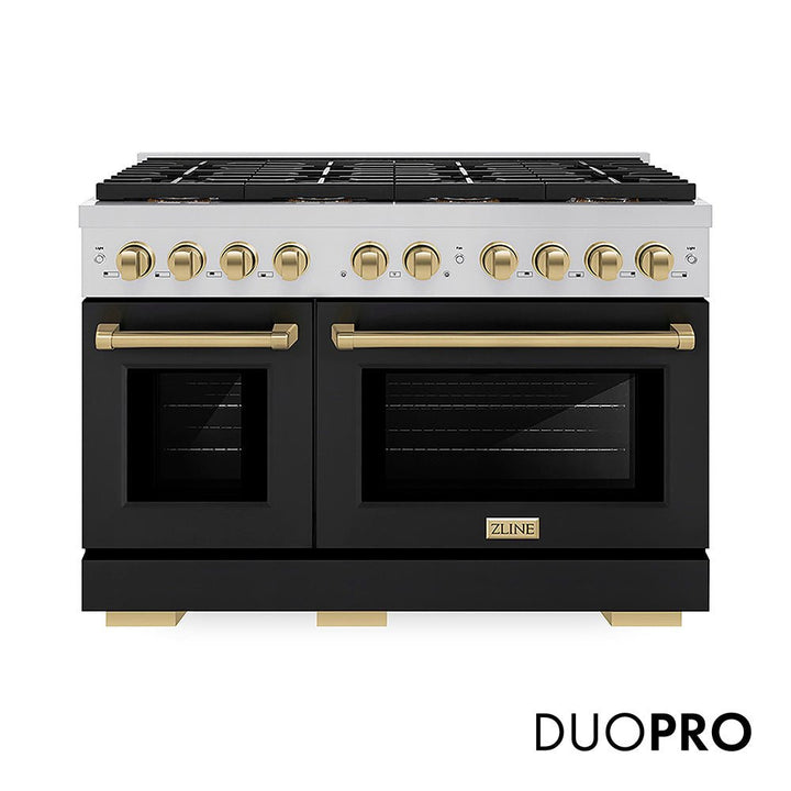 ZLINE Autograph Edition 48 in. 6.7 cu. ft. Paramount Dual Fuel Range with 8 Burner DuoProâ„¢ Cooktop and Dual Ovens with Black Matte Doors and Champagne Bronze Accents (PSDRZ-BLM-48-CB)