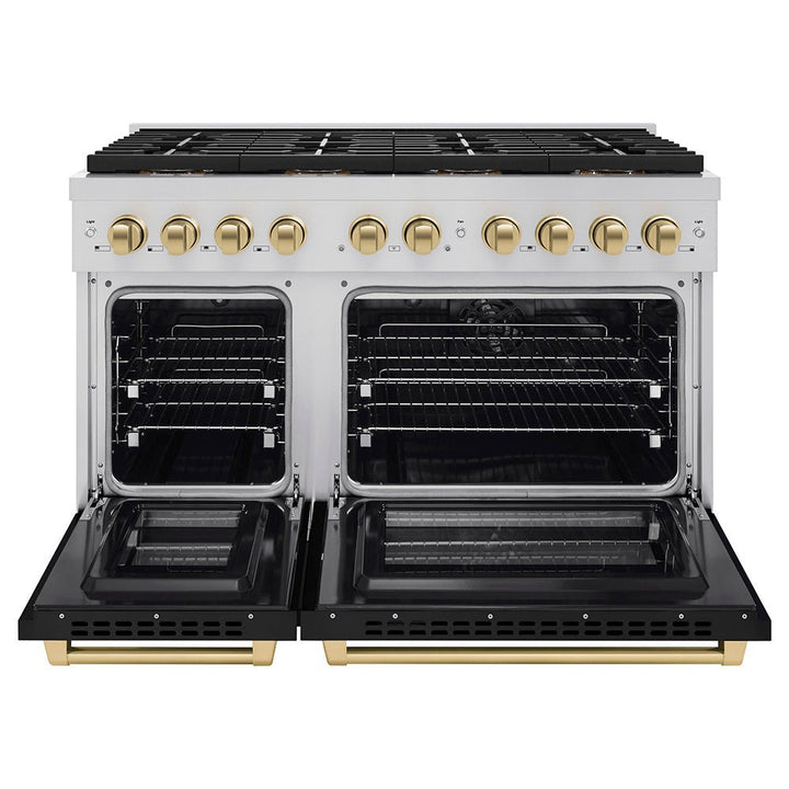 ZLINE Autograph Edition 48 in. 6.7 cu. ft. Paramount Dual Fuel Range with 8 Burner DuoProâ„¢ Cooktop and Dual Ovens with Black Matte Doors and Champagne Bronze Accents (PSDRZ-BLM-48-CB)