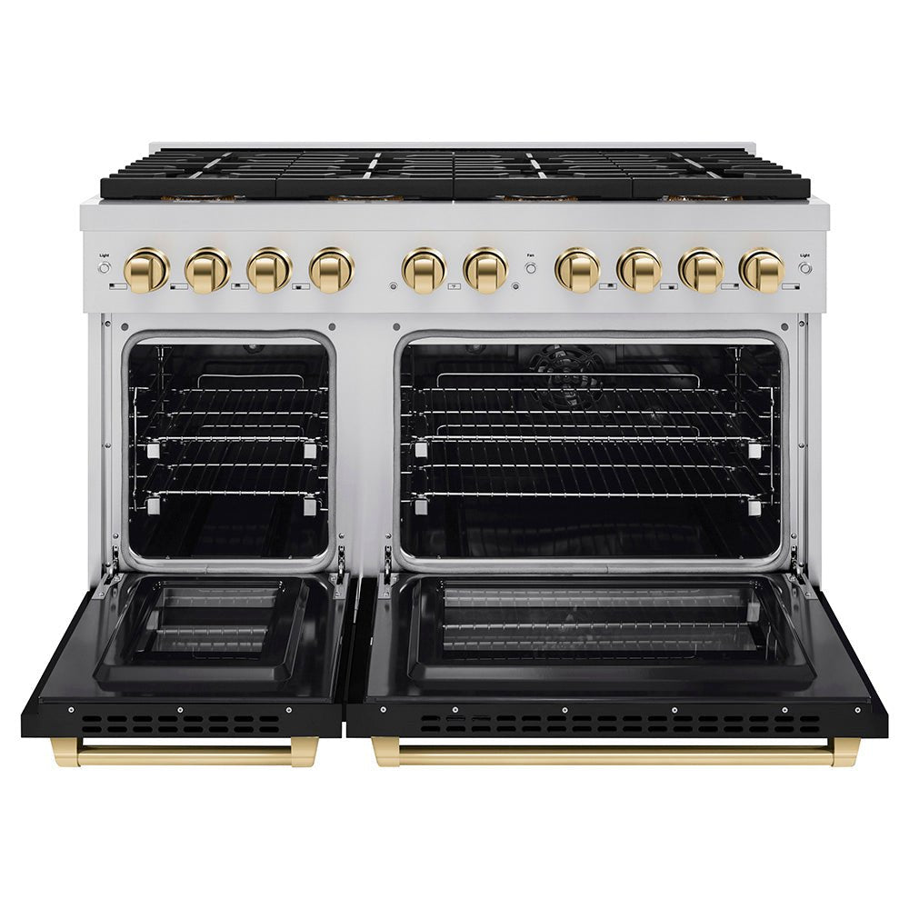 ZLINE Autograph Edition 48 in. 6.7 cu. ft. Paramount Dual Fuel Range with 8 Burner DuoProâ„¢ Cooktop and Dual Ovens with Black Matte Doors and Polished Gold Accents (PSDRZ-BLM-48-G)