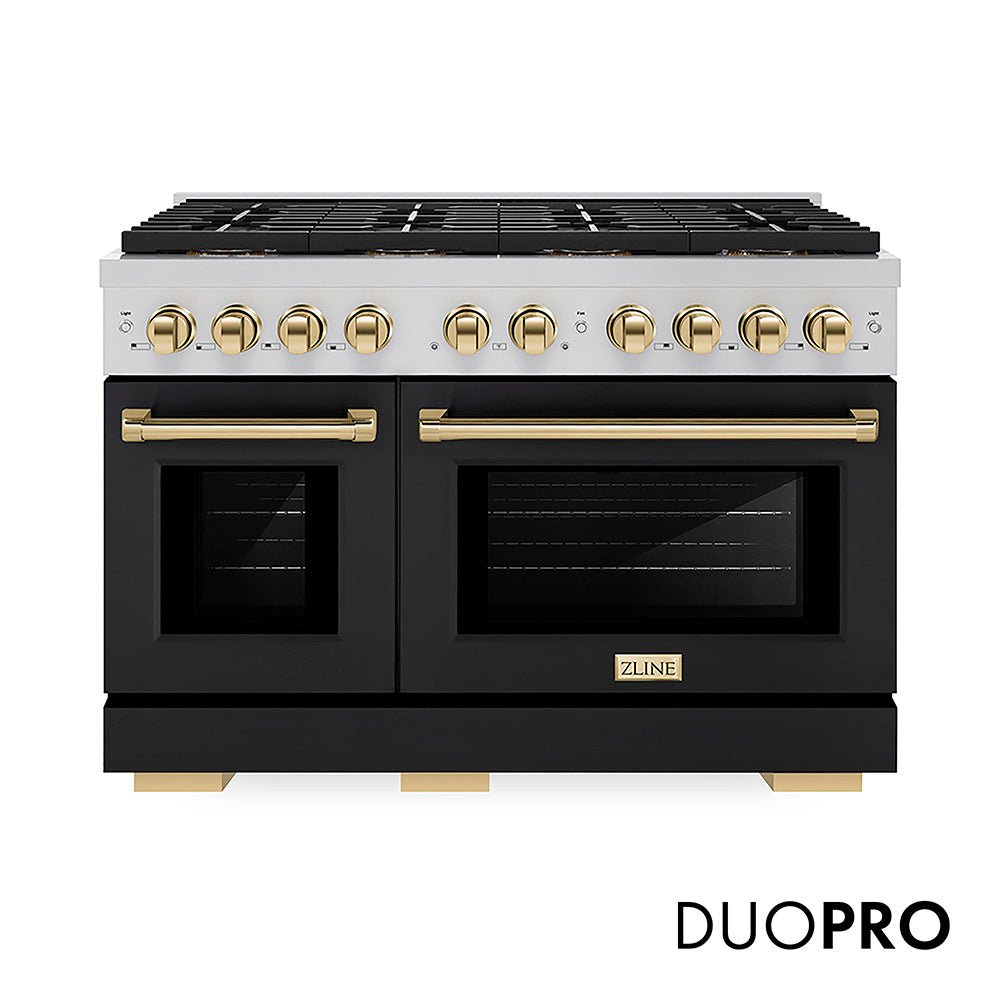 ZLINE Autograph Edition 48 in. 6.7 cu. ft. Paramount Dual Fuel Range with 8 Burner DuoProâ„¢ Cooktop and Dual Ovens with Black Matte Doors and Polished Gold Accents (PSDRZ-BLM-48-G)
