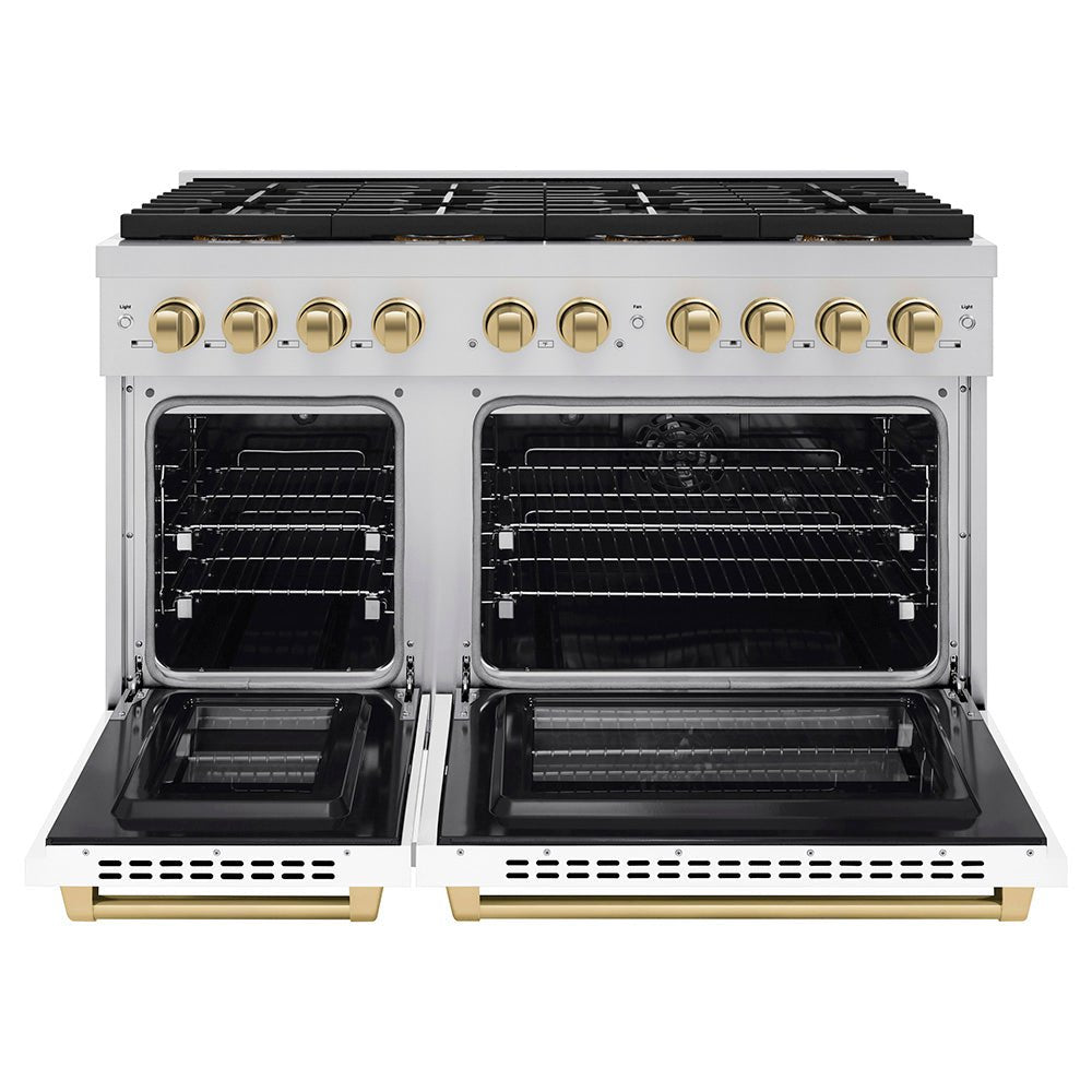 ZLINE Autograph Edition 48 in. 6.7 cu. ft. Paramount Dual Fuel Range with 8 Burner DuoProâ„¢ Cooktop and Dual Ovens with White Matte Doors and Champagne Bronze Accents (PSDRZ-WM-48-CB)