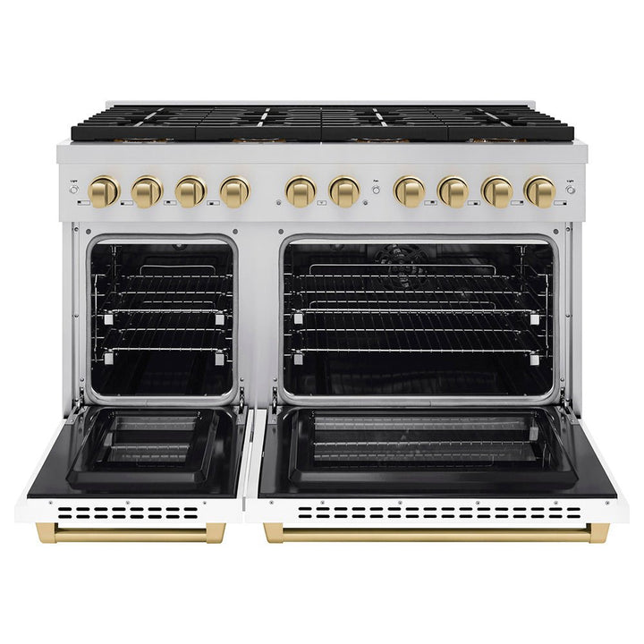 ZLINE Autograph Edition 48 in. 6.7 cu. ft. Paramount Dual Fuel Range with 8 Burner DuoProâ„¢ Cooktop and Dual Ovens with White Matte Doors and Champagne Bronze Accents (PSDRZ-WM-48-CB)