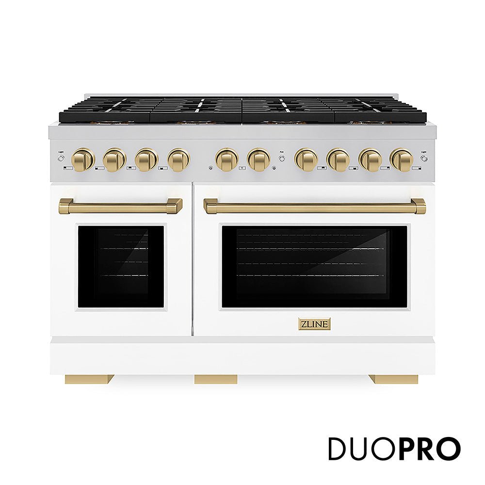 ZLINE Autograph Edition 48 in. 6.7 cu. ft. Paramount Dual Fuel Range with 8 Burner DuoProâ„¢ Cooktop and Dual Ovens with White Matte Doors and Champagne Bronze Accents (PSDRZ-WM-48-CB)