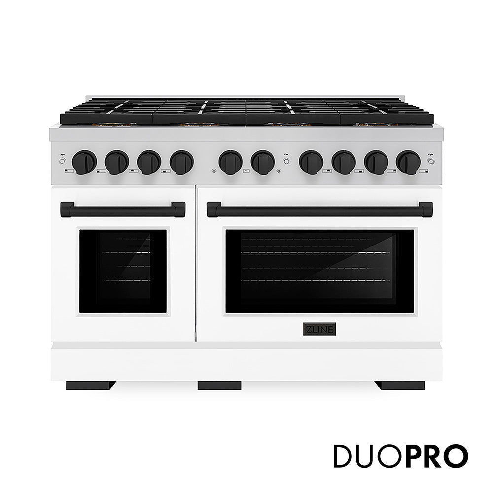 ZLINE Autograph Edition 48 in. 6.7 cu. ft. Paramount Dual Fuel Range with 8 Burner DuoProâ„¢ Cooktop and Dual Ovens with White Matte Doors and Matte Black Accents (PSDRZ-WM-48-MB)