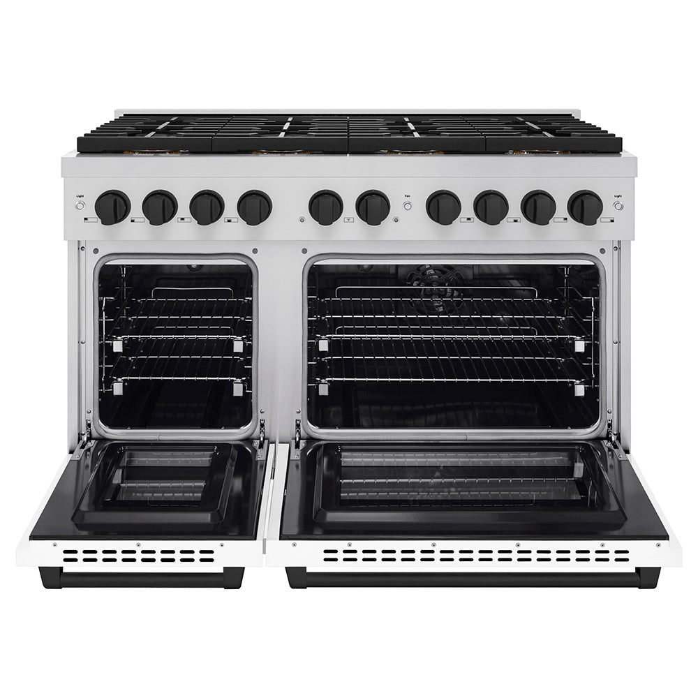 ZLINE Autograph Edition 48 in. 6.7 cu. ft. Paramount Dual Fuel Range with 8 Burner DuoProâ„¢ Cooktop and Dual Ovens with White Matte Doors and Matte Black Accents (PSDRZ-WM-48-MB)