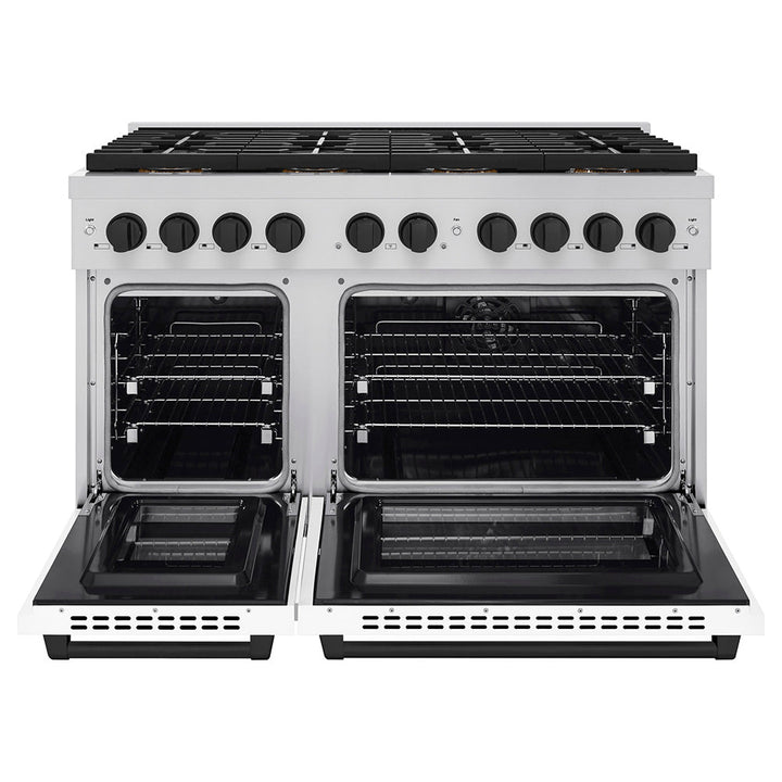 ZLINE Autograph Edition 48 in. 6.7 cu. ft. Paramount Dual Fuel Range with 8 Burner DuoProâ„¢ Cooktop and Dual Ovens with White Matte Doors and Matte Black Accents (PSDRZ-WM-48-MB)