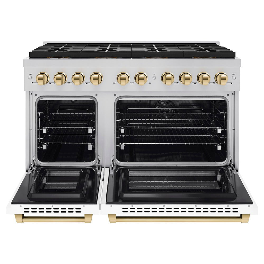 ZLINE Autograph Edition 48 in. 6.7 cu. ft. Paramount Dual Fuel Range with 8 Burner DuoProâ„¢ Cooktop and Dual Ovens with White Matte Doors and Polished Gold Accents (PSDRZ-WM-48-G)