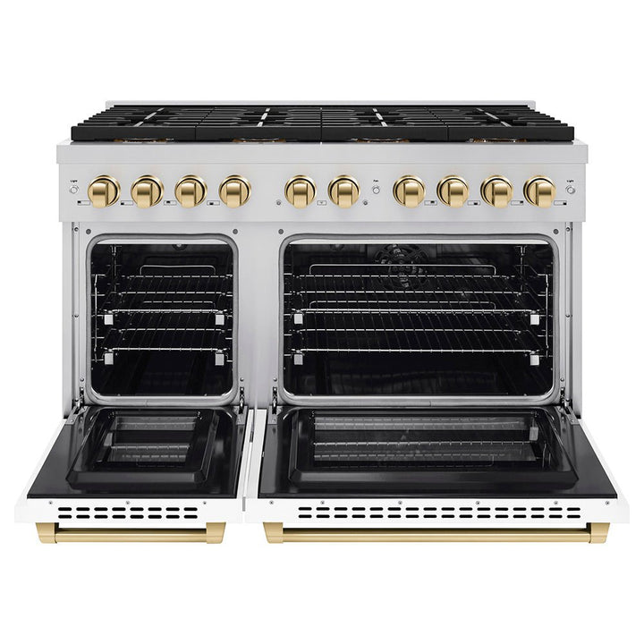 ZLINE Autograph Edition 48 in. 6.7 cu. ft. Paramount Dual Fuel Range with 8 Burner DuoProâ„¢ Cooktop and Dual Ovens with White Matte Doors and Polished Gold Accents (PSDRZ-WM-48-G)