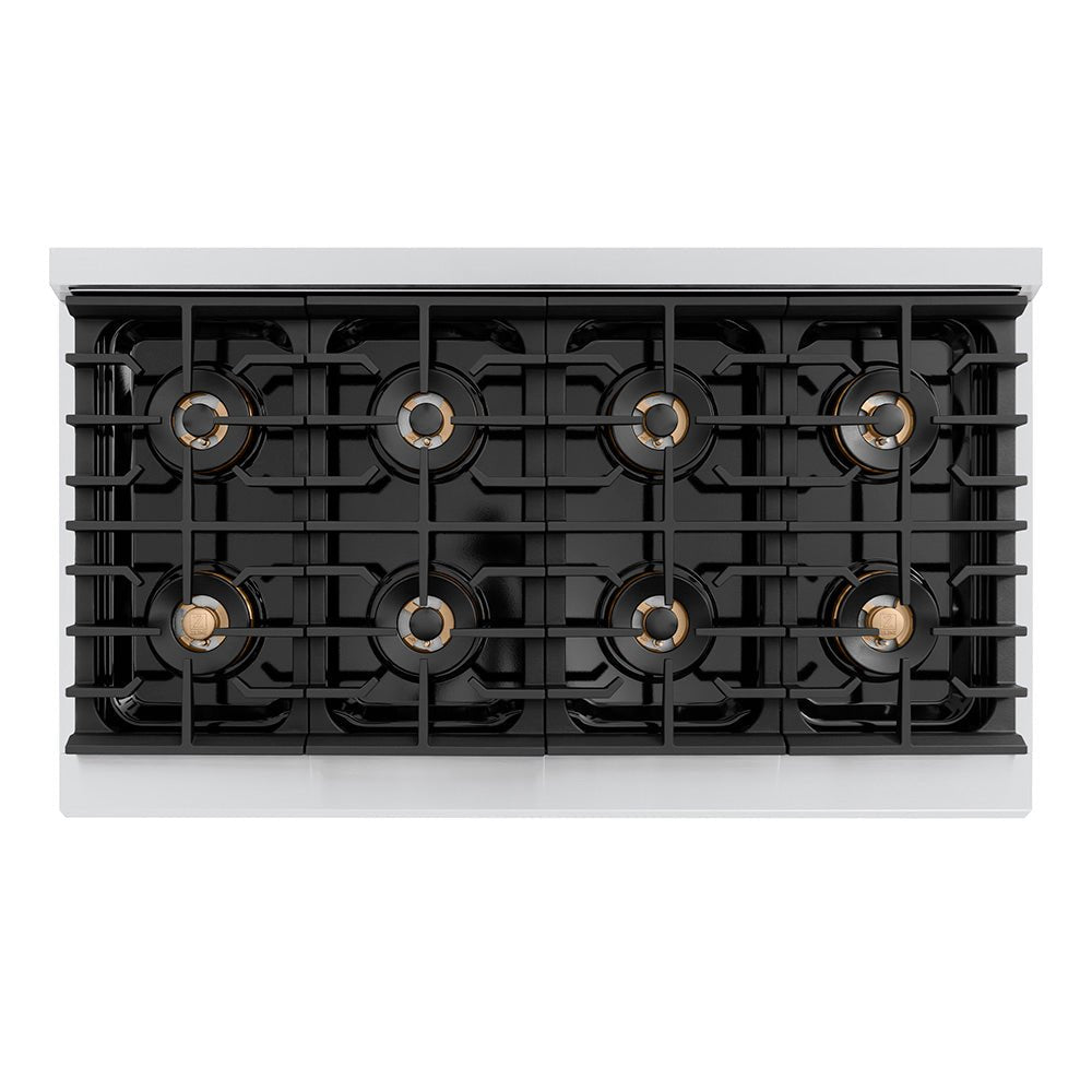 ZLINE Autograph Edition 48 in. 6.7 cu. ft. Paramount Dual Fuel Range with 8 Burner DuoProâ„¢ Cooktop and Dual Ovens with White Matte Doors and Polished Gold Accents (PSDRZ-WM-48-G)