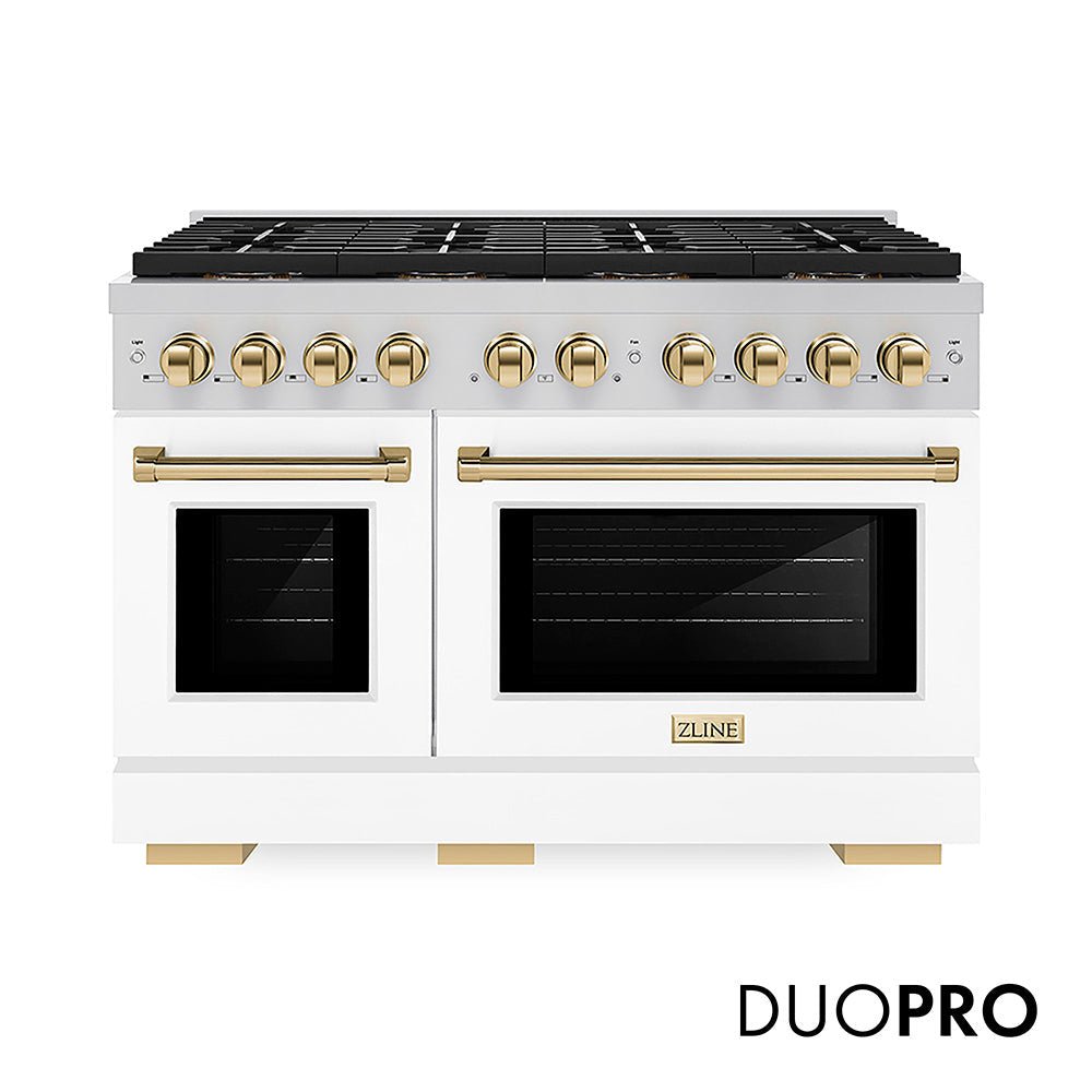 ZLINE Autograph Edition 48 in. 6.7 cu. ft. Paramount Dual Fuel Range with 8 Burner DuoProâ„¢ Cooktop and Dual Ovens with White Matte Doors and Polished Gold Accents (PSDRZ-WM-48-G)