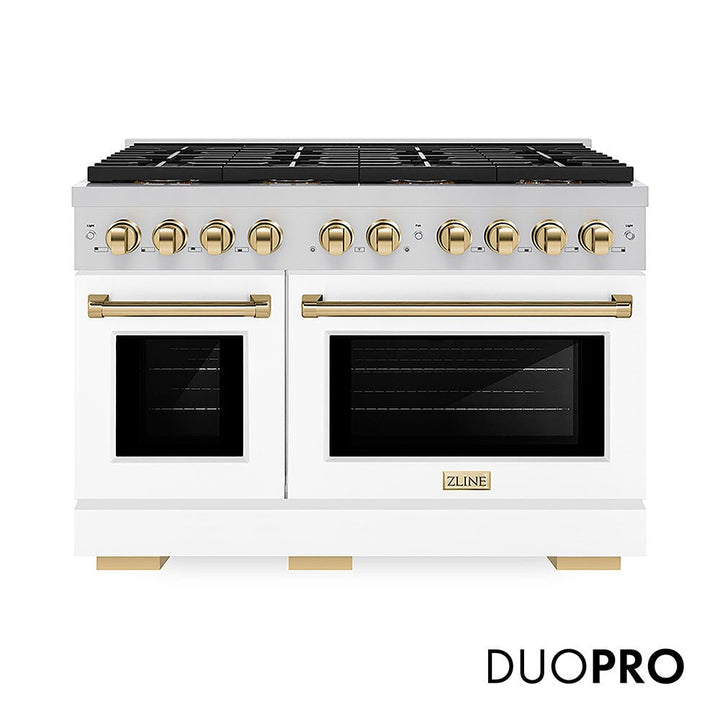 ZLINE Autograph Edition 48 in. 6.7 cu. ft. Paramount Dual Fuel Range with 8 Burner DuoProâ„¢ Cooktop and Dual Ovens with White Matte Doors and Polished Gold Accents (PSDRZ-WM-48-G)