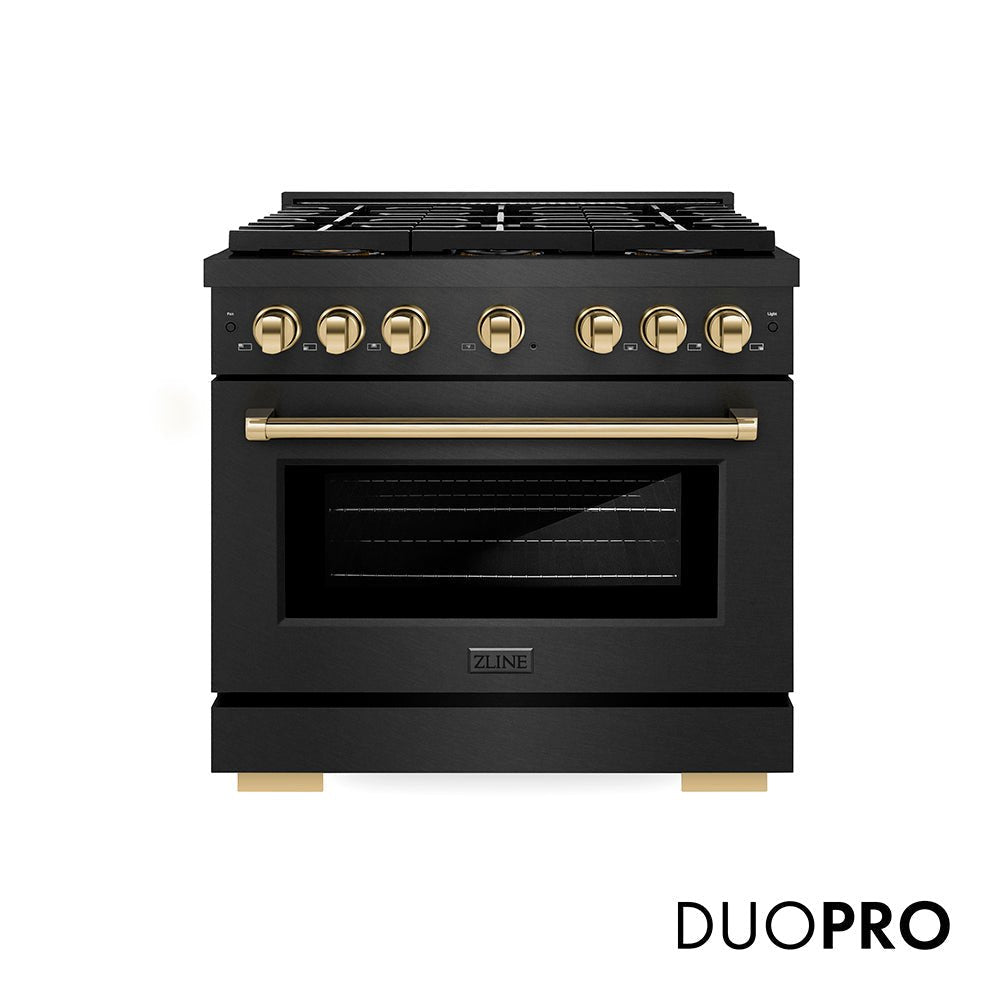 ZLINE Autograph Edition 48 in. 6.7 cu. ft. Paramount Gas Range with 8 Burner DuoProâ„¢ Cooktop and Dual Ovens in Black Satin Stainless Steel and Champagne Bronze Accents (PSGRBSZ-48-CB)