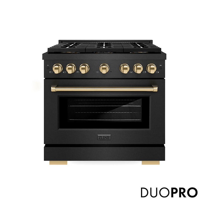 ZLINE Autograph Edition 48 in. 6.7 cu. ft. Paramount Gas Range with 8 Burner DuoProâ„¢ Cooktop and Dual Ovens in Black Satin Stainless Steel and Champagne Bronze Accents (PSGRBSZ-48-CB)