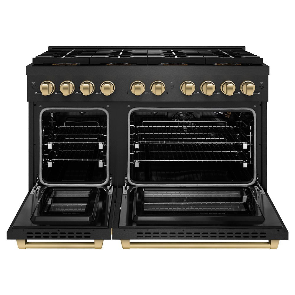 ZLINE Autograph Edition 48 in. 6.7 cu. ft. Paramount Gas Range with 8 Burner DuoProâ„¢ Cooktop and Dual Ovens in Black Satin Stainless Steel and Champagne Bronze Accents (PSGRBSZ-48-CB)