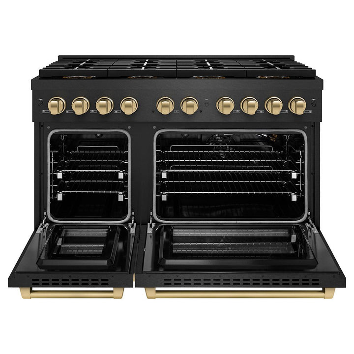 ZLINE Autograph Edition 48 in. 6.7 cu. ft. Paramount Gas Range with 8 Burner DuoProâ„¢ Cooktop and Dual Ovens in Black Satin Stainless Steel and Champagne Bronze Accents (PSGRBSZ-48-CB)