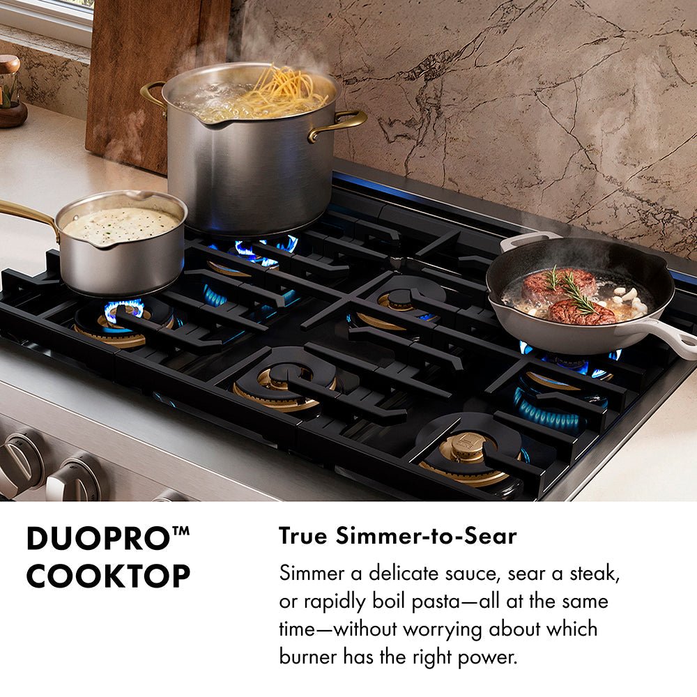 ZLINE Autograph Edition 48 in. 6.7 cu. ft. Paramount Gas Range with 8 Burner DuoProâ„¢ Cooktop and Dual Ovens in Black Satin Stainless Steel and Polished Gold Accents (PSGRBSZ-48-G)
