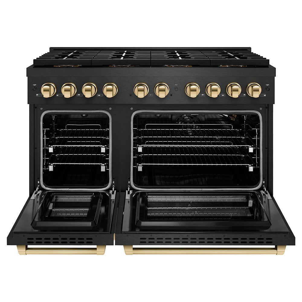 ZLINE Autograph Edition 48 in. 6.7 cu. ft. Paramount Gas Range with 8 Burner DuoProâ„¢ Cooktop and Dual Ovens in Black Satin Stainless Steel and Polished Gold Accents (PSGRBSZ-48-G)