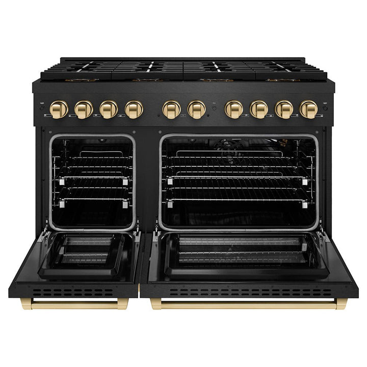 ZLINE Autograph Edition 48 in. 6.7 cu. ft. Paramount Gas Range with 8 Burner DuoProâ„¢ Cooktop and Dual Ovens in Black Satin Stainless Steel and Polished Gold Accents (PSGRBSZ-48-G)