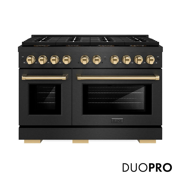 ZLINE Autograph Edition 48 in. 6.7 cu. ft. Paramount Gas Range with 8 Burner DuoProâ„¢ Cooktop and Dual Ovens in Black Satin Stainless Steel and Polished Gold Accents (PSGRBSZ-48-G)