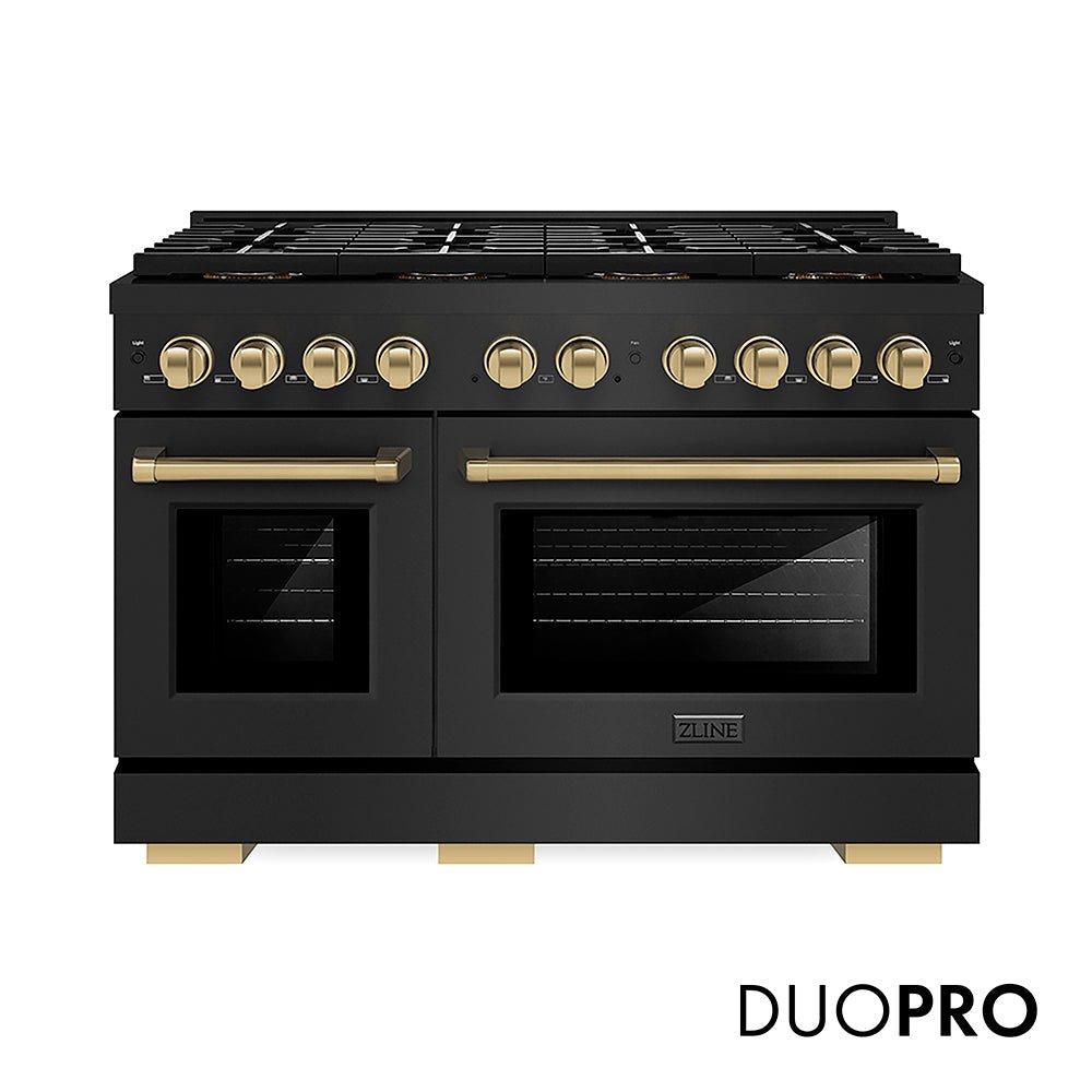 ZLINE Autograph Edition 48 in. 6.7 cu. ft. Paramount Gas Range with 8 Burner DuoProâ„¢ Cooktop and Dual Ovens in Black Stainless Steel and Champagne Bronze Accents (PSGRBZ-48-CB)
