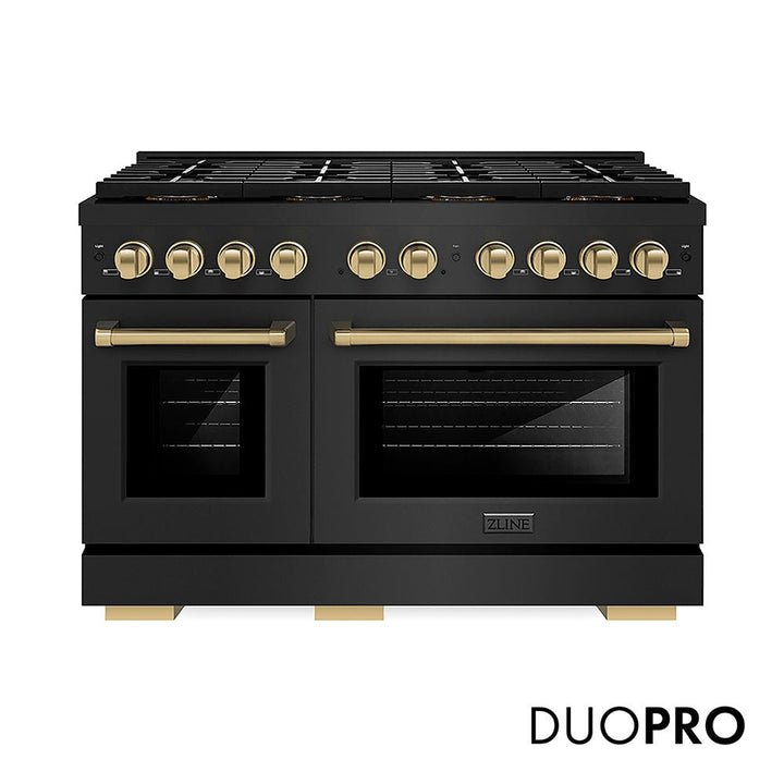 ZLINE Autograph Edition 48 in. 6.7 cu. ft. Paramount Gas Range with 8 Burner DuoProâ„¢ Cooktop and Dual Ovens in Black Stainless Steel and Champagne Bronze Accents (PSGRBZ-48-CB)