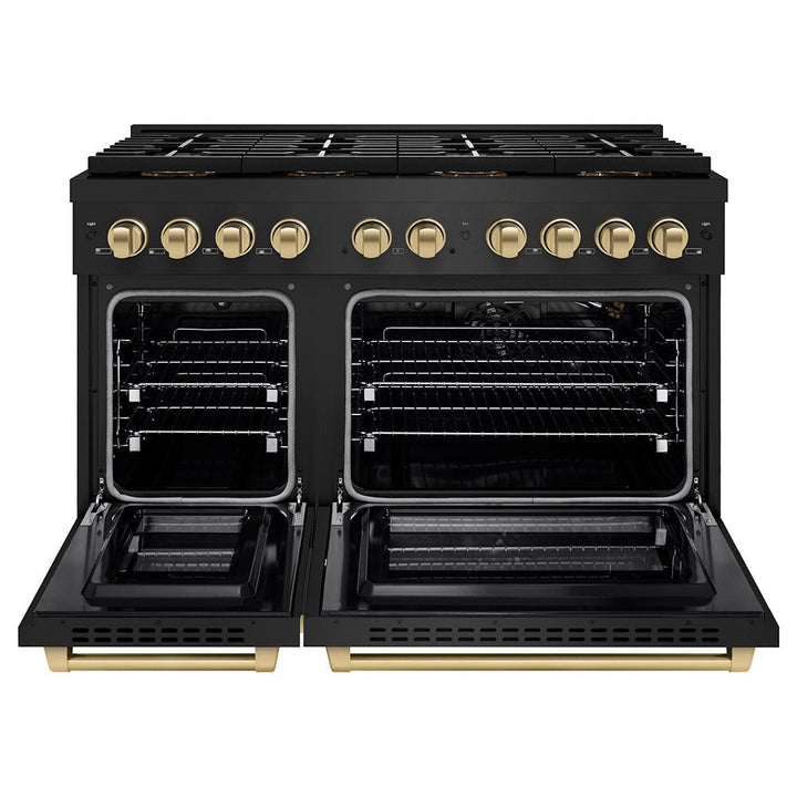ZLINE Autograph Edition 48 in. 6.7 cu. ft. Paramount Gas Range with 8 Burner DuoProâ„¢ Cooktop and Dual Ovens in Black Stainless Steel and Champagne Bronze Accents (PSGRBZ-48-CB)
