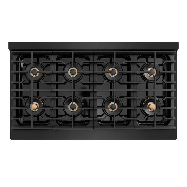 ZLINE Autograph Edition 48 in. 6.7 cu. ft. Paramount Gas Range with 8 Burner DuoProâ„¢ Cooktop and Dual Ovens in Black Stainless Steel and Polished Gold Accents (PSGRBZ-48-G)