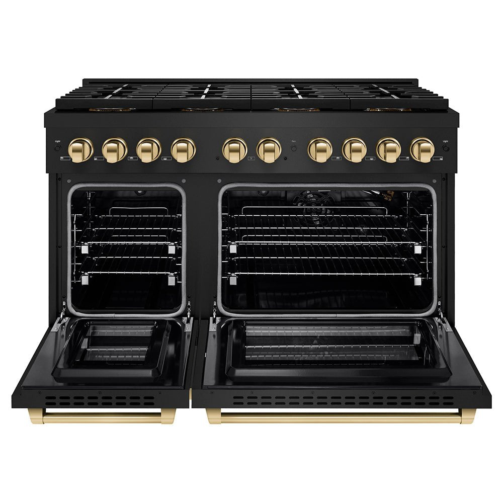ZLINE Autograph Edition 48 in. 6.7 cu. ft. Paramount Gas Range with 8 Burner DuoProâ„¢ Cooktop and Dual Ovens in Black Stainless Steel and Polished Gold Accents (PSGRBZ-48-G)