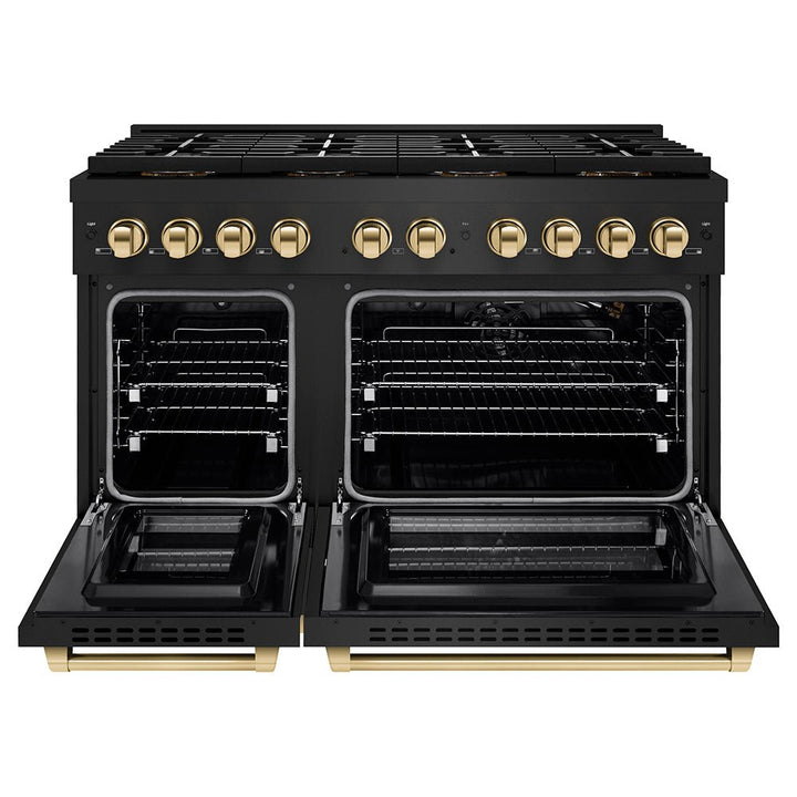 ZLINE Autograph Edition 48 in. 6.7 cu. ft. Paramount Gas Range with 8 Burner DuoProâ„¢ Cooktop and Dual Ovens in Black Stainless Steel and Polished Gold Accents (PSGRBZ-48-G)