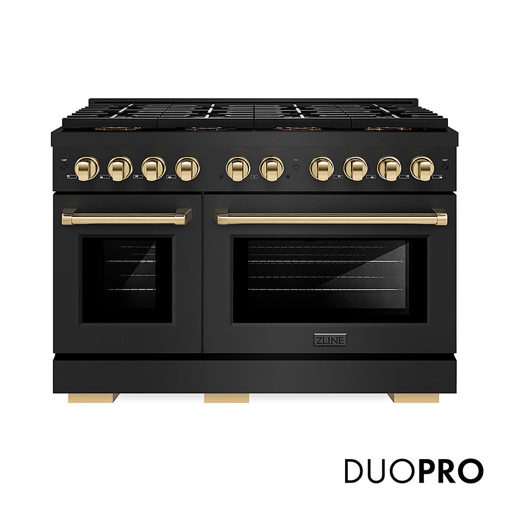 ZLINE Autograph Edition 48 in. 6.7 cu. ft. Paramount Gas Range with 8 Burner DuoProâ„¢ Cooktop and Dual Ovens in Black Stainless Steel and Polished Gold Accents (PSGRBZ-48-G)
