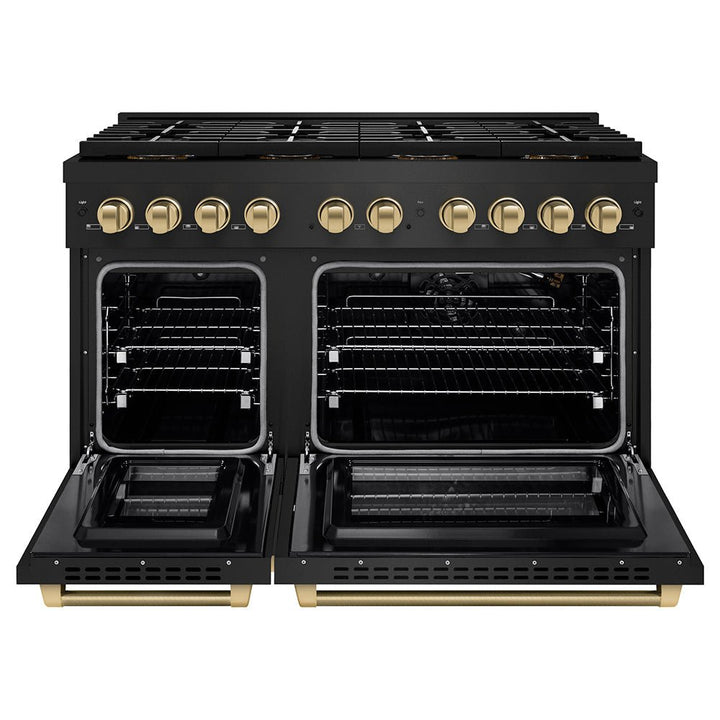 ZLINE Autograph Edition 48 in. 6.7 cu. ft. Paramount Gas Range with 8 Burner DuoProâ„¢ Cooktop and Dual Ovens in Black Stainless Steel with Champagne Bronze Helix Handles and Accents (PSGRBZ-48-KCB)