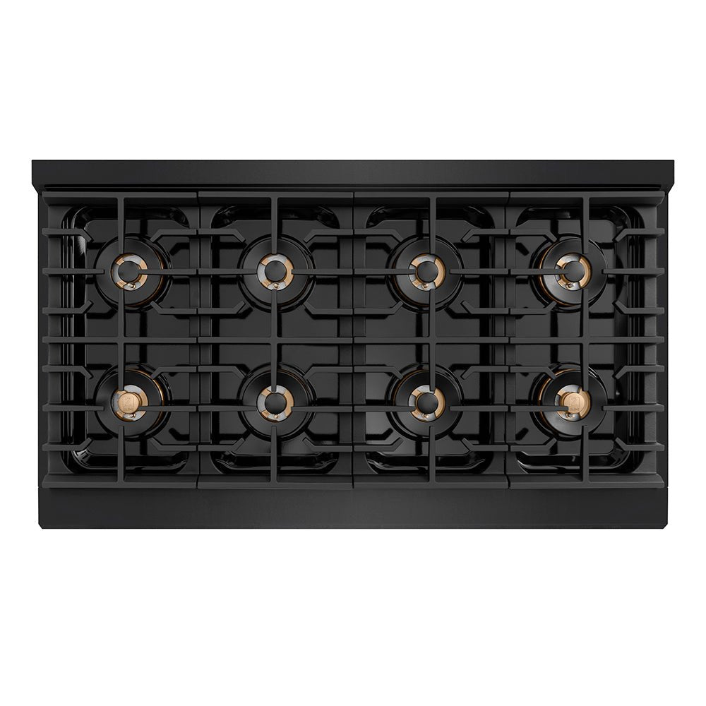 ZLINE Autograph Edition 48 in. 6.7 cu. ft. Paramount Gas Range with 8 Burner DuoProâ„¢ Cooktop and Dual Ovens in Black Stainless Steel with Champagne Bronze Helix Handles and Accents (PSGRBZ-48-KCB)