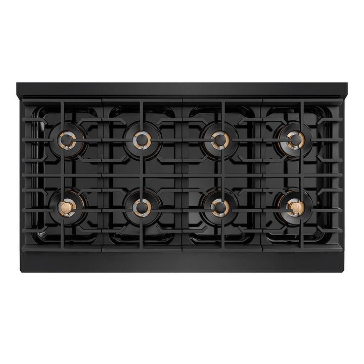 ZLINE Autograph Edition 48 in. 6.7 cu. ft. Paramount Gas Range with 8 Burner DuoProâ„¢ Cooktop and Dual Ovens in Black Stainless Steel with Champagne Bronze Helix Handles and Accents (PSGRBZ-48-KCB)