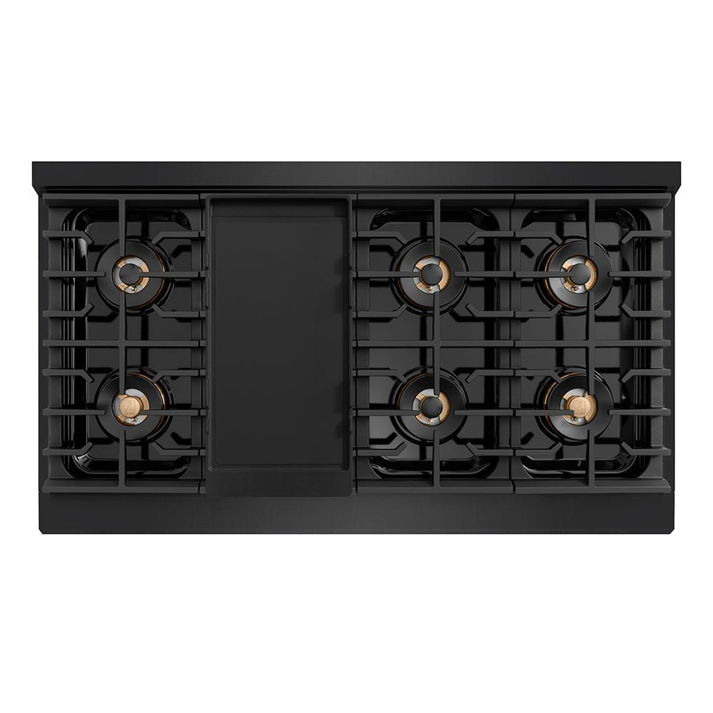 ZLINE Autograph Edition 48 in. 6.7 cu. ft. Paramount Gas Range with 8 Burner DuoProâ„¢ Cooktop and Dual Ovens in Black Stainless Steel with Champagne Bronze Helix Handles and Accents (PSGRBZ-48-KCB)