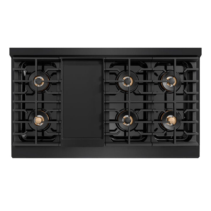 ZLINE Autograph Edition 48 in. 6.7 cu. ft. Paramount Gas Range with 8 Burner DuoProâ„¢ Cooktop and Dual Ovens in Black Stainless Steel with Champagne Bronze Helix Handles and Accents (PSGRBZ-48-KCB)