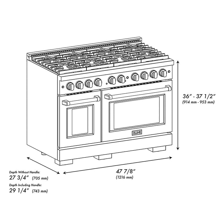 ZLINE Autograph Edition 48 in. 6.7 cu. ft. Paramount Gas Range with 8 Burner DuoProâ„¢ Cooktop and Dual Ovens in Black Stainless Steel with Champagne Bronze Helix Handles and Accents (PSGRBZ-48-KCB)