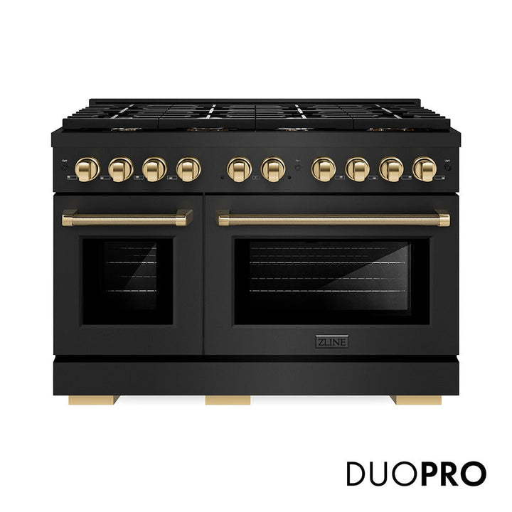 ZLINE Autograph Edition 48 in. 6.7 cu. ft. Paramount Gas Range with 8 Burner DuoProâ„¢ Cooktop and Dual Ovens in Black Stainless Steel with Polished Gold Helix Handles and Accents (PSGRBZ-48-KG)