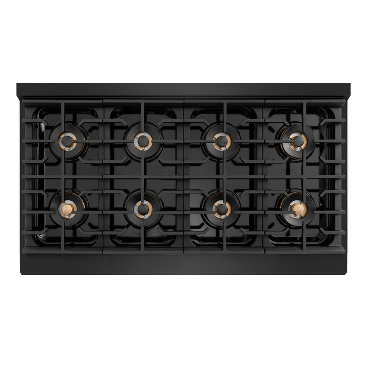 ZLINE Autograph Edition 48 in. 6.7 cu. ft. Paramount Gas Range with 8 Burner DuoProâ„¢ Cooktop and Dual Ovens in Black Stainless Steel with Polished Gold Helix Handles and Accents (PSGRBZ-48-KG)