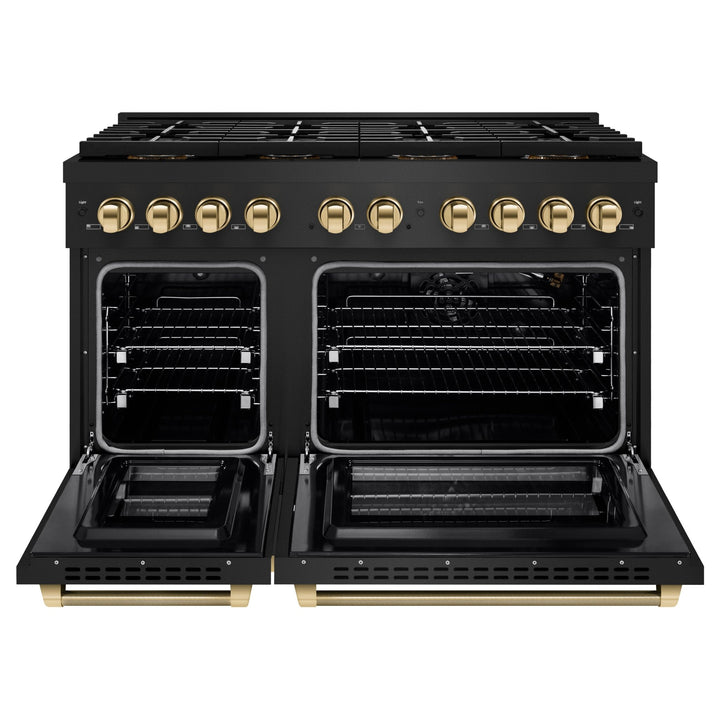 ZLINE Autograph Edition 48 in. 6.7 cu. ft. Paramount Gas Range with 8 Burner DuoProâ„¢ Cooktop and Dual Ovens in Black Stainless Steel with Polished Gold Helix Handles and Accents (PSGRBZ-48-KG)
