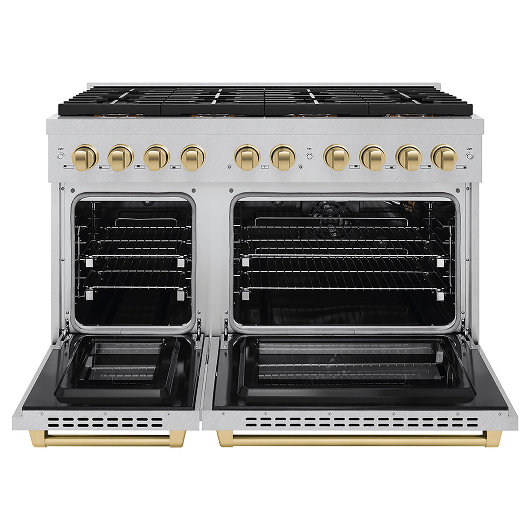 ZLINE Autograph Edition 48 in. 6.7 cu. ft. Paramount Gas Range with 8 Burner DuoProâ„¢ Cooktop and Dual Ovens in Satin Stainless Steel and Champagne Bronze Accents (PSGRSZ-48-CB)