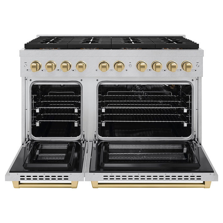 ZLINE Autograph Edition 48 in. 6.7 cu. ft. Paramount Gas Range with 8 Burner DuoProâ„¢ Cooktop and Dual Ovens in Satin Stainless Steel and Champagne Bronze Accents (PSGRSZ-48-CB)