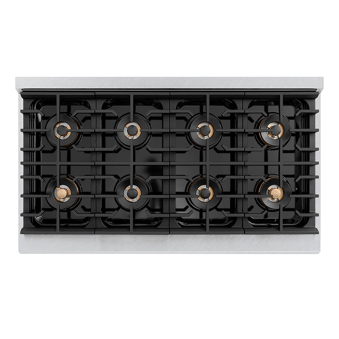 ZLINE Autograph Edition 48 in. 6.7 cu. ft. Paramount Gas Range with 8 Burner DuoProâ„¢ Cooktop and Dual Ovens in Satin Stainless Steel and Champagne Bronze Accents (PSGRSZ-48-CB)