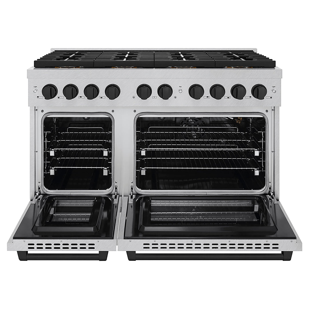 ZLINE Autograph Edition 48 in. 6.7 cu. ft. Paramount Gas Range with 8 Burner DuoProâ„¢ Cooktop and Dual Ovens in Satin Stainless Steel and Matte Black Accents (PSGRSZ-48-MB)