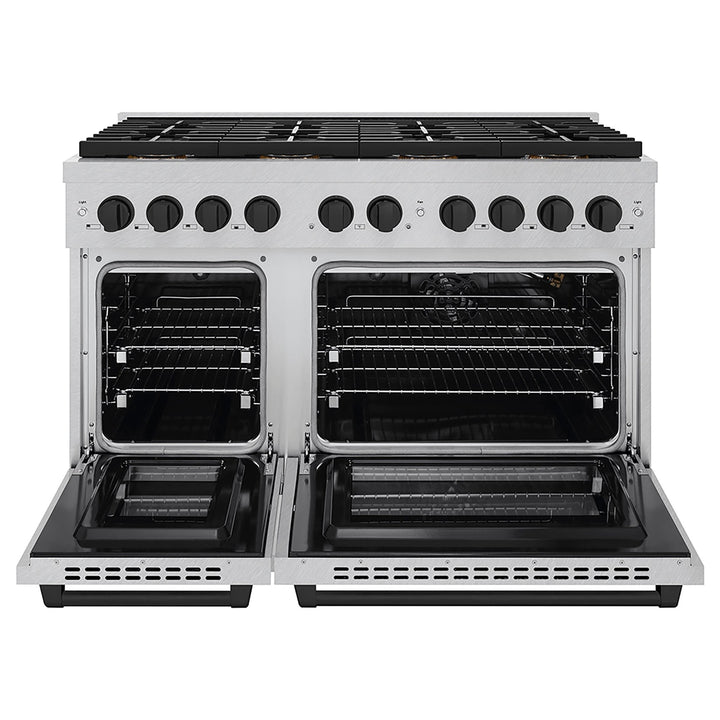 ZLINE Autograph Edition 48 in. 6.7 cu. ft. Paramount Gas Range with 8 Burner DuoProâ„¢ Cooktop and Dual Ovens in Satin Stainless Steel and Matte Black Accents (PSGRSZ-48-MB)
